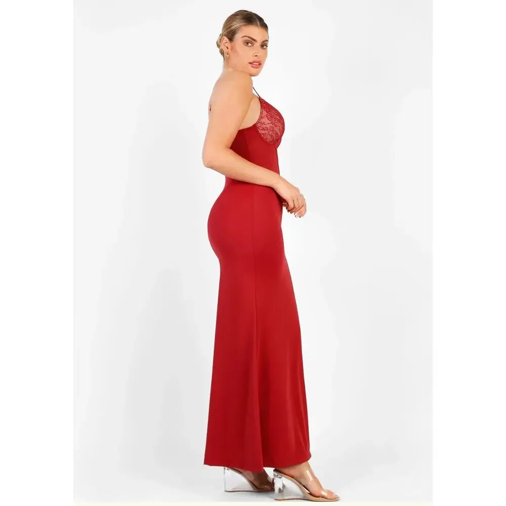 NWT Popilush Shapewear Lace V Neck Side Slit Slimming Maxi Slip Dress Sz XL - Picture 2 of 6